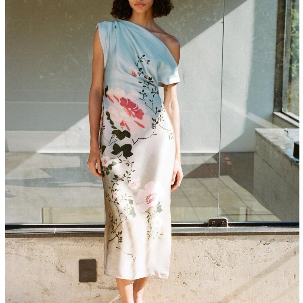 Zara Womens Midi Dress S Small Multi Floral Print Satin Asymmetric 8828/186 NWT